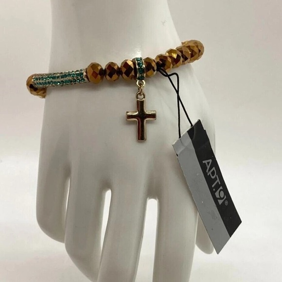 APT. 9 Gold Tone Stretch Bracelet with Faceted Beads & Green Pave Cross Charm - Picture 2 of 13